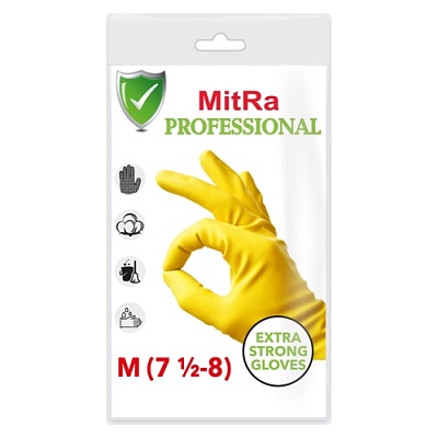 Перчатки хозяйственные латексные MitRa Professional, с х/б напылением, M (M) цвет Желтый (х1/144) Китай